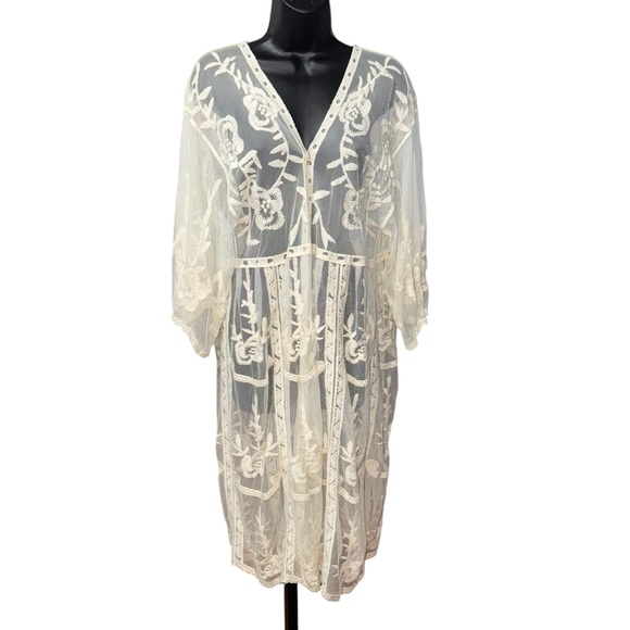 Lauren Conrad Embroidered Sheer Kimono Duster One Size Ivory Boho Chic - Picture 2 of 6